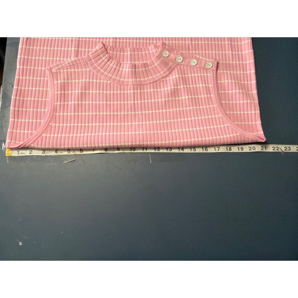 Talbots Plus Pink Shirt 1X White Striped Sleeveless Mock Neck Button Shoulder - Picture 4 of 9